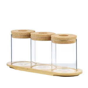 Lot de trois vases en verre avec couvercles en liège et plateau en bambou pour plantes