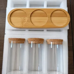 Set de vase hydroponique en verre avec plateau en bois et couvercles en liege pour plantes.