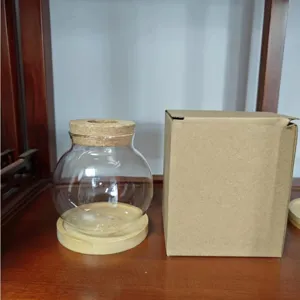 Vista dettagliata del vaso in vetro trasparente per idroponica con base in legno naturale.