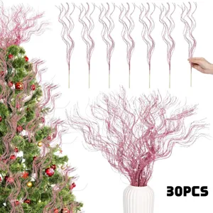 Pink glitter curly branches detail showing 30pcs set for Christmas tree and home decor.