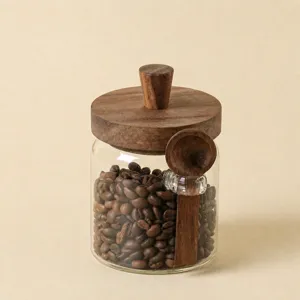 High Borosilicate Glass Sealed Storage Jar With Acacia Wood Lid And Spoon Kitchen Food Grains Nuts Coffee Bean Jar