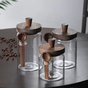 Glass storage jar set with wooden lid and spoon for kitchen coffee bean tea container