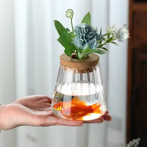 Transparent volcano cup glass vase with cork lid for hydroponic plants and flowers