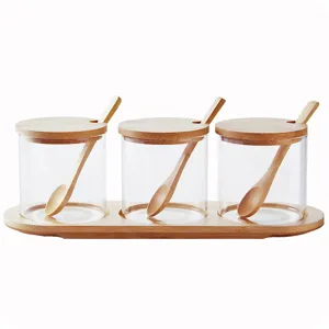 Transparante glazen kruidenpot set met bamboe deksel lepel en dienblad keuken opbergdoos