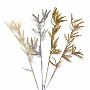 Artificial Glitter Bamboo Leaf Branches Christmas Decoration Glittering Plastic Stem For Festive Home Party DIY Floral Decor