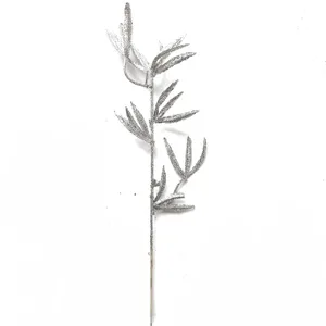 Macro detail of a 37cm silver glitter bamboo leaf sprig for festive Christmas decor