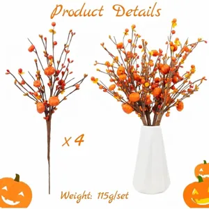 Detail view of 4-pack artificial pumpkin berry branches for fall harvest home decor.