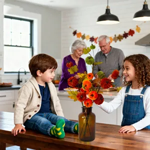 Lifestyle view of velvet pumpkin branches as a cozy fall table centerpiece decor.