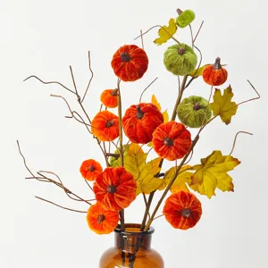 Velvet Pumpkin Maple Leaf Branches Artificial Fall Harvest Stem For Thanksgiving Halloween Home Table Centerpiece Decor