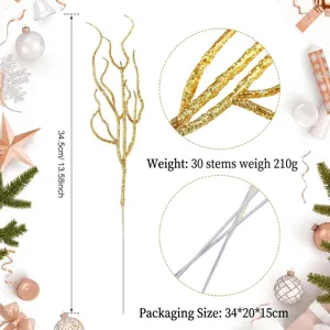 Detailweergave van gouden glitter kersttakken met afmetingen en gewichtsinformatie.