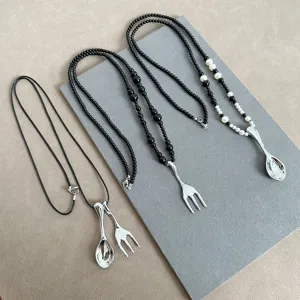 Niche Design Brass Silver Plated Fork And Spoon Pendant Necklace Creative Tableware Shape Artificial Pearl Beaded Long Chain For Women