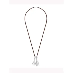 Creative fork and spoon pendant necklace with minimalist brown cord for women