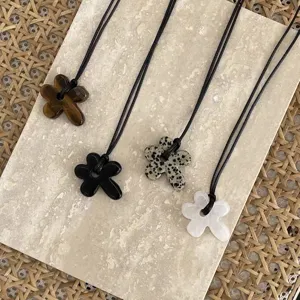 Korean Simple Hollow Flower Long Necklace For Women Natural Stone Titanium Steel Leather Cord Sweater Chain Aesthetic Accessory