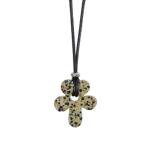 Korean style dalmatian jasper flower pendant necklace with long black cord chain