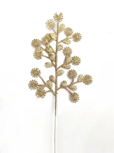 Gold glitter artificial Christmas floral pick 32cm decorative flower branch for holiday home decor.