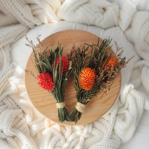 Gros plan détaillé de petits bouquets de fleurs séchées avec pommes de pin colorées.
