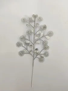 Silver glitter artificial Christmas floral branch, sparkly starburst decor stem for home DIY crafts.
