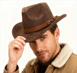 Detailed view of a brown western cowboy hat with a stylish buckle band on a model