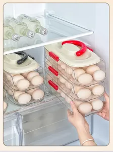 Detalle de una caja de huevos transparente de tres niveles colocada en una nevera.