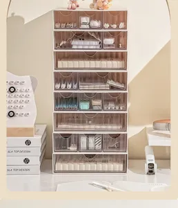 Detailed view of an 8-tier white drawer organizer filled with stationery and desk supplies