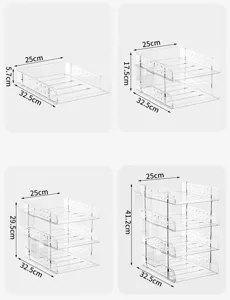 Detailed dimension diagram of a multi-layer transparent acrylic desktop file organizer