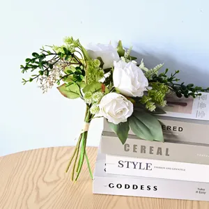 Blanc Artificiel Rose Mariage Bouquet Soie Eucalyptus Verdure