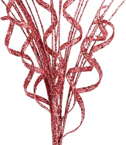 Macro detail of sparkly red glitter curly ribbons for Christmas tree decorations