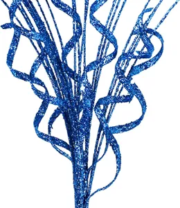 Macro view of sparkling blue glitter decorative branches for Christmas tree decor