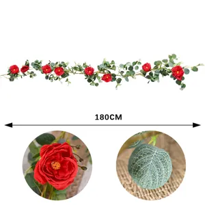Artificial red rose flower vine garland with green leaves, 180cm detail view for decor.