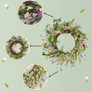 Detailweergave van kunstmatige wilde madeliefjeskrans met paarse en roze bloemen.
