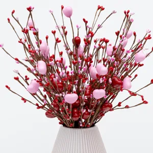 Artificial Heart Shaped Berry Stems Plastic Flower Branches For Valentines Day Wedding Home Vase Decor Red Pink Romantic Table Arrangement