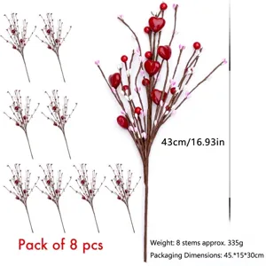 Decorative set of 8 red heart berry stems for Valentine's Day wedding home vase