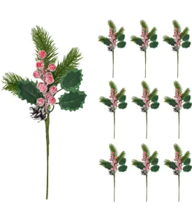 Künstliche Weihnachts-Tannennadeln Beeren Stiele Tannenzapfen Stechpalmen Blätter Set 9 Stk