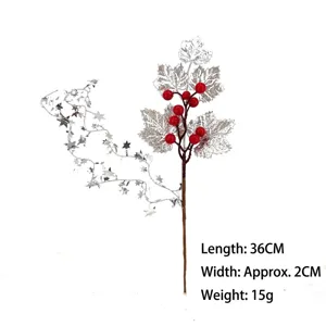 Festive Christmas decorative branch with silver maple leaves, red berries and stars