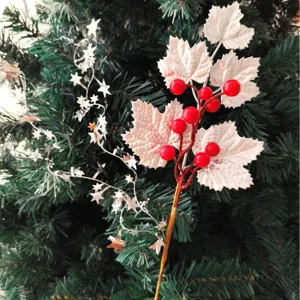 Festive Christmas decorative branch with silver maple leaves and red berries 36cm