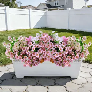 Artificial flowers potted plants in white planter box for outdoor garden home decor.