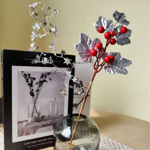 Elegant 36cm Christmas DIY silver star branch with red berries and maple leaves in glass vase