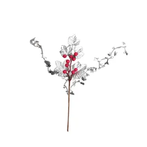 Festive 36cm Christmas DIY silver wire pick with stars, maple leaves and red berries