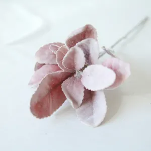 Soft pink flocked lamb's ear artificial leaf stem for home decor