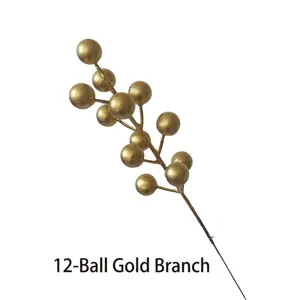 Rama de bayas artificiales doradas con 12 bolas para decoración Navidad y Año Nuevo