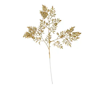 Detailed view of 3-fork golden glitter simulation bamboo leaf branch Christmas decor