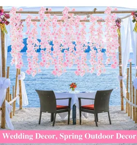 Artificial cherry blossom vines for wedding decoration, spring outdoor floral hanging decor.