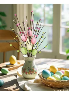Macro view of artificial Easter egg branches with colorful berries in floral vase decoration