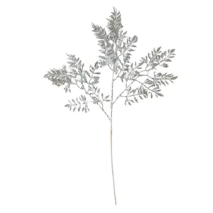 Detailed view of decorative silver sequined artificial bamboo leaf stem for Christmas decor