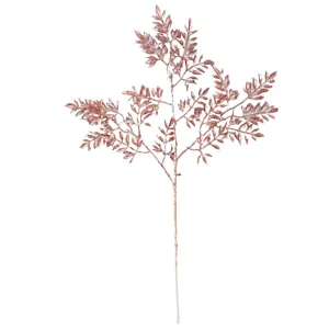 Close-up of artificial 3-prong rose gold glitter bamboo leaf branch for decoration