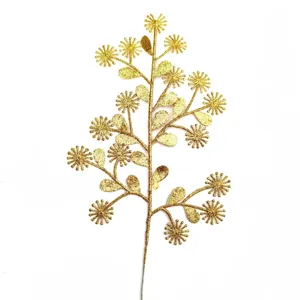 Gold glitter artificial gypsophila flower branch Christmas home decor plant main view