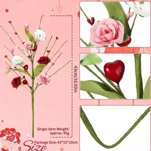 Branche de rose artificielle pour la Saint-Valentin avec cœurs rouges et feuilles