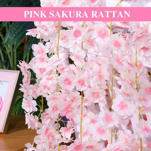Artificial pink cherry blossom rattan hanging garland for home wedding decoration main