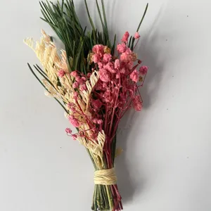 Gros plan detaille d un joli bouquet de fleurs sechees colorees avec gypsophile et vert.