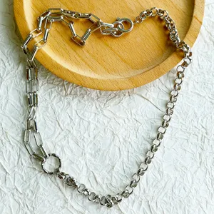 Close-up view of a silver retro Roman chain necklace with a unique mixed link design